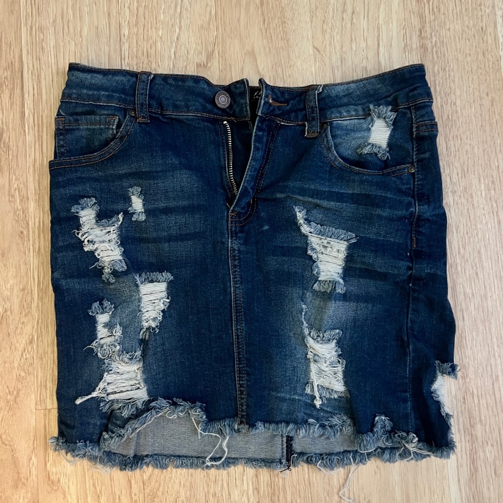Wax Jean Dark Blue Distressed Mini Skirt